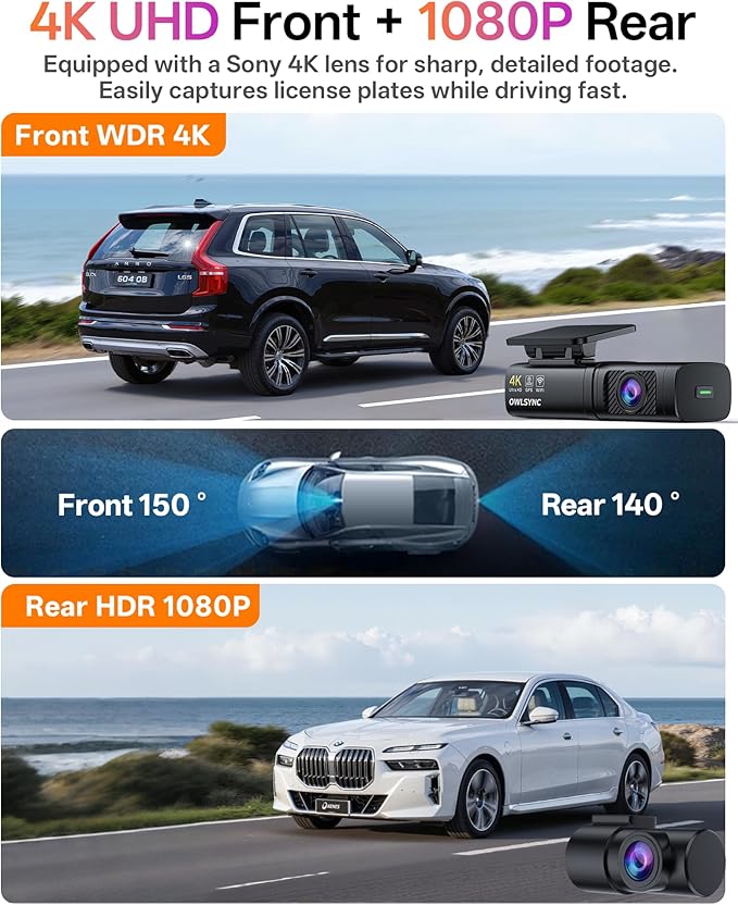 M700 4K Dual Dash Camera with WiFi and GPS, Front and Rear Car DVR, Night Vision, Parking Mode, Loop Recording, 64GB Card Included