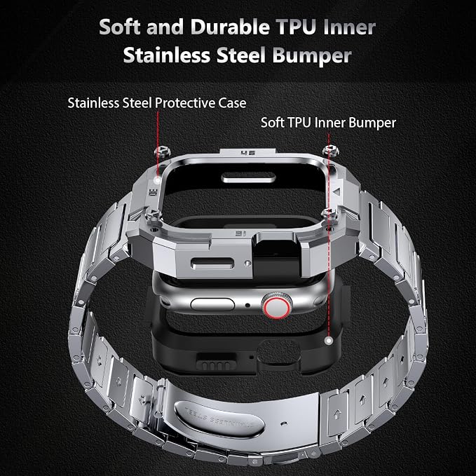 Stainless Steel Case and Band Compatible for Apple Watch Ultra 2 Band/Apple Watch Band 49mm 45mm 44mm 42mm,Fomal Metal iWatch Ultra/Ultra 2 Case with Strap for Men Series 9 8 7 6 5 4 SE (silver, 44mm (Series 6 5 4 SE）)