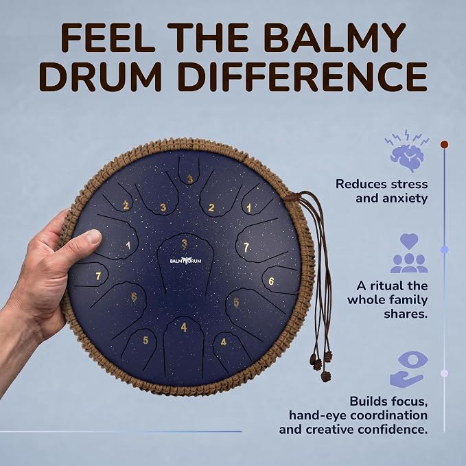 Balmy Drum Steel Tongue Drum 14 inch 15 Notes 440Hz, Handpan Drum with Music Book, Mallets, Carry Bag, Finger Picks, Rain Drum for Outdoor, Meditation Yoga Calming Instruments for Adults Kids (Blue)