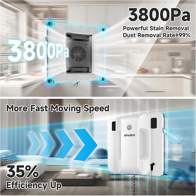 AlfaBot Window Cleaner Robot, Upgraded Intelligent Dual Water Spray & 3800PA Suction Power Window Cleaner with Edge Detection Technology, Perfect for High-Rise Windows, Tiles and Glass, Outdoor Use