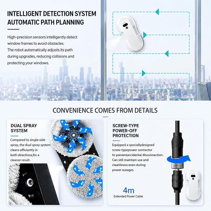 RINLAIN Window Cleaning Robot, 2026 Upgraded Robot Window Cleaner with 2700-3300Pa Variable Suction, Dual-Side Spray & Edge Detection for Glass Mirrors