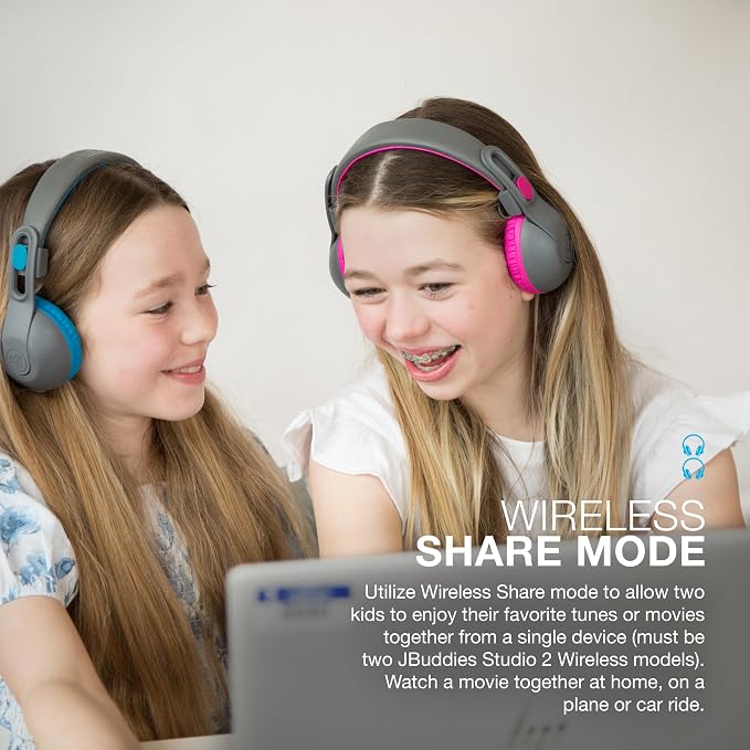 JLab, JBuddies Studio 2, Kids Headphones, Wireless Bluetooth On Ear, Volume Limiting, Foldable, Grey/Pink