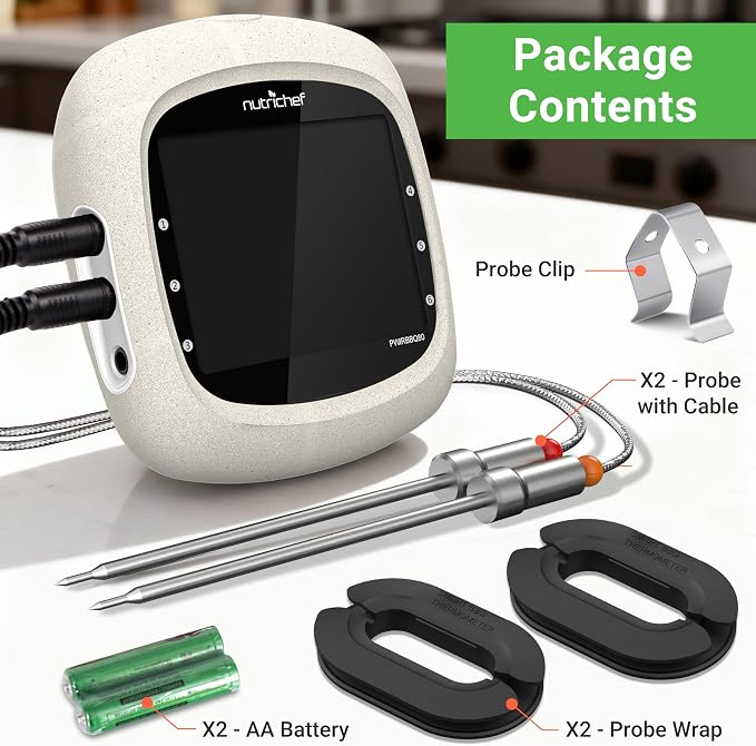 NutriChef Bluetooth Meat Thermometer for Grilling and Smoking, up to 6 Temperature Probes and Smart APP, 400 Ft Range, LCD