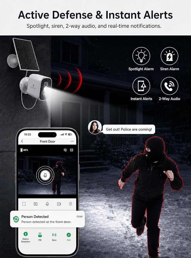 SYMYNELEC 2K Solar Security Cameras Wireless Outdoor, 2-Pack | No Monthly Fee, 100% Wire-Free, Color Night Vision, PIR Person Detection, IP65 Waterproof, Works with Alexa, 2.4GHz WiFi