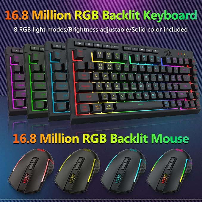 Redragon Wireless Gaming Keyboard and Mouse Combo, Bluetooth/2.4G/USB-C Wired, RGB Backlit, 75% Portable Quiet Rechargeable Macro Membrane Keyboard & 12800 DPI Mouse with Software for Win/MAC