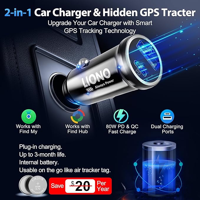 LIONO Car GPS Tracker & Charger with Built-in Rechargeable Battery, GPS Tracker for Vehicles, Hidden Car Tracker for Anti-Theft & Parking Location, for Family& Fleets, No Monthly Fee, No SIM, iOS Only | Apple Find My & Android compatible, rechargeable ...