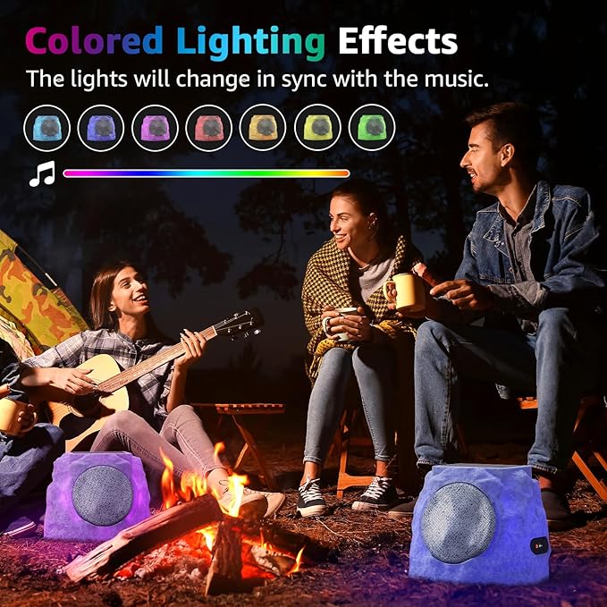 uuffoo 2-Pack Outdoor Rock Speakers Waterproof Patio with Lights Color,Multi-Sync Up to 100 Speakers&TWS Pair,Solar Powered and USB Rechargeable for Pool Party Yard Garden Outside