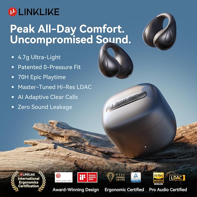 Linklike Next-Gen Most Comfortable Open Ear Clip-on Earbuds [Patented 0-Pressure] [Longest 70H Playtime] [Master-Tuned Hi-Res LDAC] AI Clear Calls, IP55 Lightest 4.7g Fit for All Ears, Ideal Gift-Gray