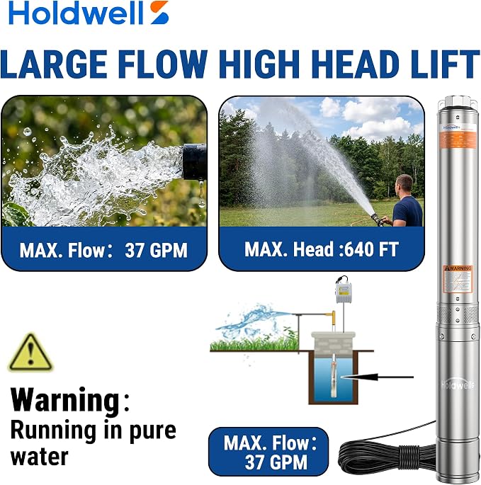 3HP Deep Well Submersible Pump 230V/60Hz, 4 Inch Stainless Steel, External Controller, 33ft Cord, 37GPM Flow 640ft Head, IP68 Waterproof for Industrial, Irrigation, Home Use