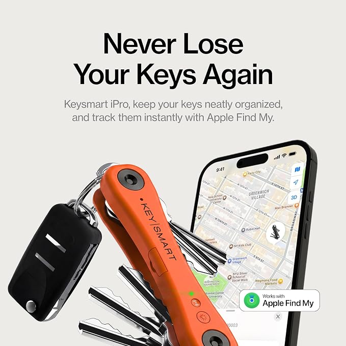 KeySmart iPro - Key Finder Locator with Sound, Keychain Key Holder, Apple Find My App Compatible, Key Organizer, Compact Clutter-Free Key Chain Tracker, Rechargeable Battery (Up to 14 Keys, Orange)