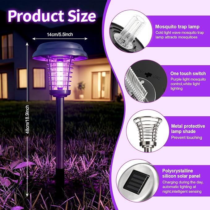 4 Pcs Solar Bug Zapper Outdoor Waterproof Mosquito Repellent Light Solar Power Fly Killer Lamps for Moths, Gnats, Fly, Small Flying Insect Backyard Garden Lawn (Stainless Steel,Purple & White Light)