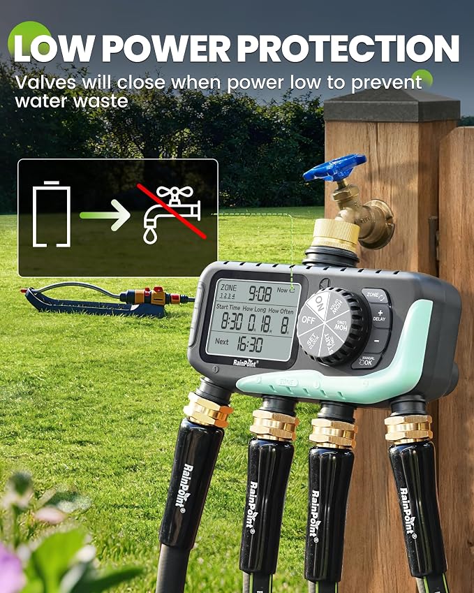 RAINPOINT Sprinkler Timer, 4 Outlets Hose Timer with Brass Inlet with Rain Delay/Manual/Automatic Controller System, Programmable Digital for Lawn Yard, 4 Zone (Sky Blue, 4 Outlets)