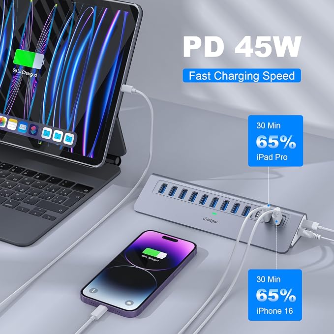 Powered USB Hub 10Gbps, intpw YH9AC 12-Port USB Splitter with USB A/USB C 3.2, 7 USB 3.0, 2 PD 45W Charging Ports, 65W Power Adapter + 3.3FT Cable, Aluminum USB Extender Hub for Laptop/PC/iPhone 16/15