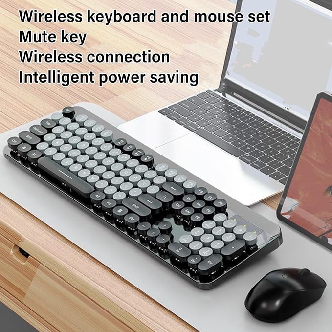 Wireless Keyboard and Mouse Combo, 2.4GHz Plug and Play with Retro Typewriter Style Round Keycaps, 104 Keys with Numeric Pad, for PC Laptop Desktop (Black)