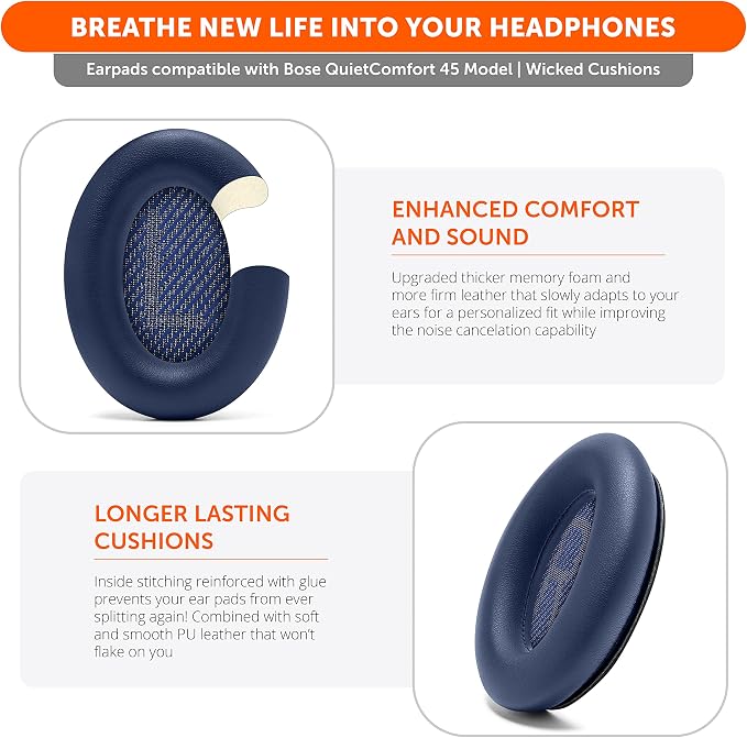 WC PadZ QC45 - Earpads for Bose QuietComfort 45 / QuietComfort Se/QuietComfort Wireless, Made by Wicked Cushions | Extra Thick Cushion | Premium Durable Stitching | Midnight Blue