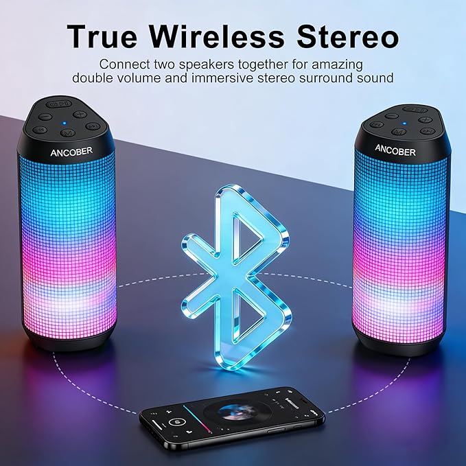 Portable Bluetooth Speaker, 20W Stereo Loud Sound, 8 Modes LED Light Show, 30H Playtime, IPX4 Waterproof, TWS Pairing, Built-in Mic, BT5.3 Wireless Speaker for Outdoor, Party, Travel, Home, Ideal Gift