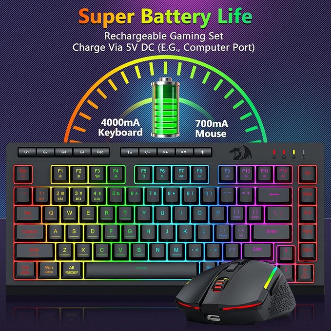 Redragon Wireless Gaming Keyboard and Mouse Combo, Bluetooth/2.4G/USB-C Wired, RGB Backlit, 75% Portable Quiet Rechargeable Macro Membrane Keyboard & 12800 DPI Mouse with Software for Win/MAC
