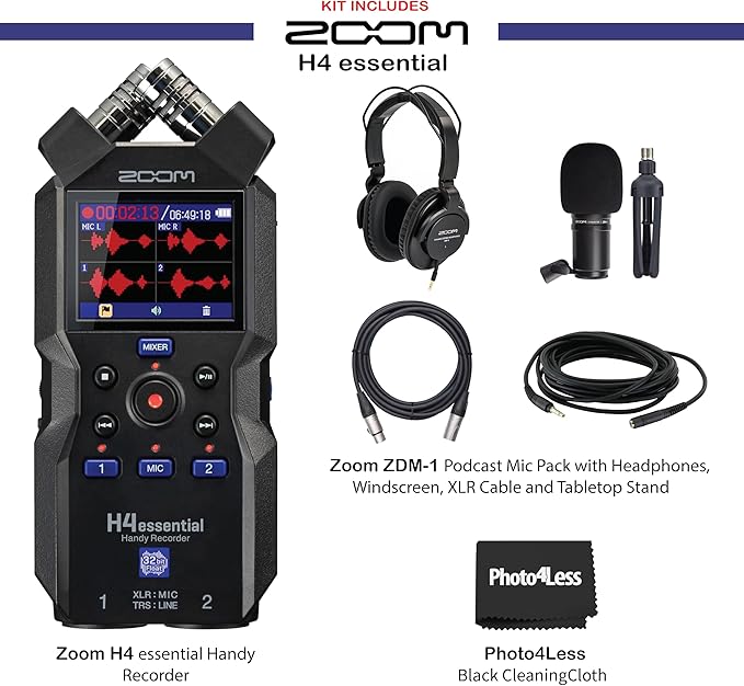 Zoom H4essential 4-Track Handy Recorder with 32-Bit Float, Accessibility, Stereo Microphones, 2 XLR/TRS Combo Inputs, Record to SD Card, USB Interface, for Musicians, Podcasters, Filmmakers