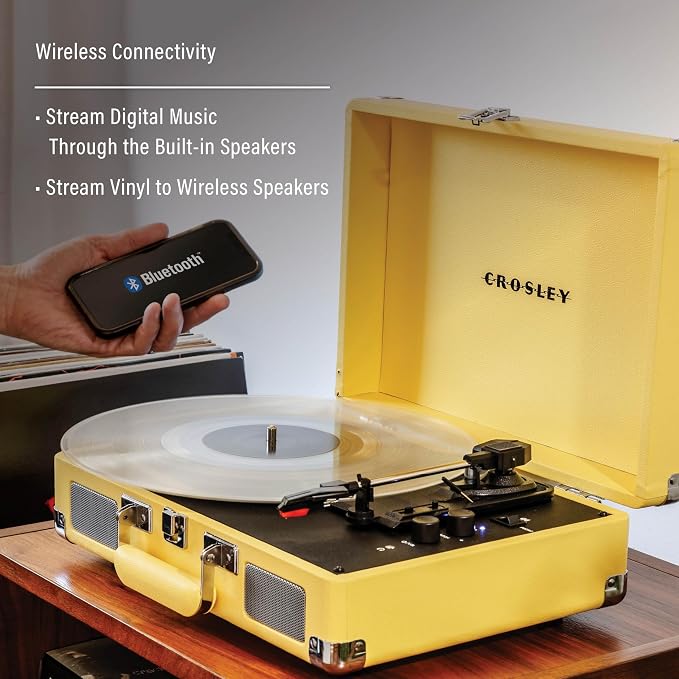 Crosley CR8005F-LY Cruiser Plus Vintage 3-Speed Bluetooth in/Out Suitcase Vinyl Record Player Turntable with Built-in Speakers, Lemon Yellow