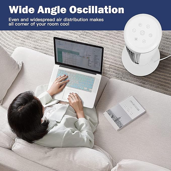 Hysache 3-in-1 Evaporative Air Cooler Humidifier, Portable Bladeless Tower Fan with 9H Time, 3 Modes and 3 Speeds, Remote Control, Display, LED, Ideal for Bedroom, Living Room, Office, White