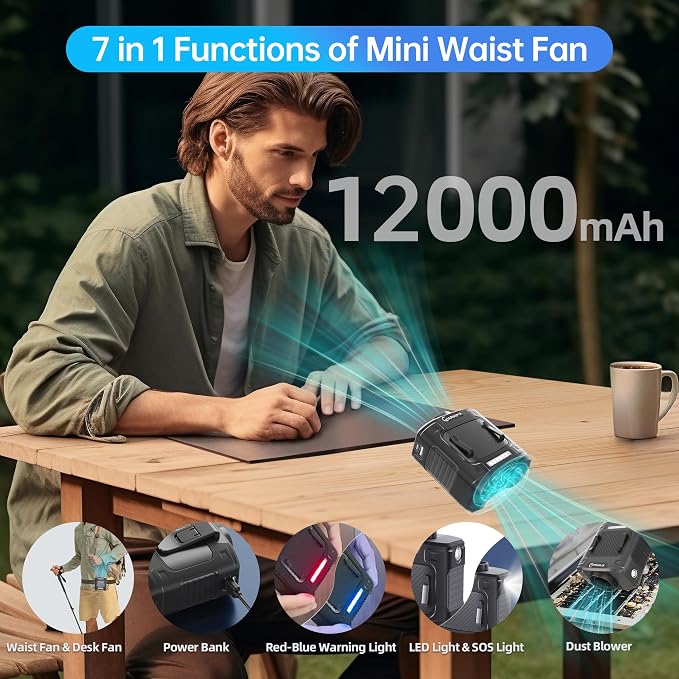 Waist Fan, Dual Motor Belt Fan, 12000mAh Rechargeable Cooler, 75ft/s Airflow, 17000RPM 5-Speed, Up to 24H Runtime, LED SOS & Red-Blue Warning Light for Jobsite, Farming, Camping