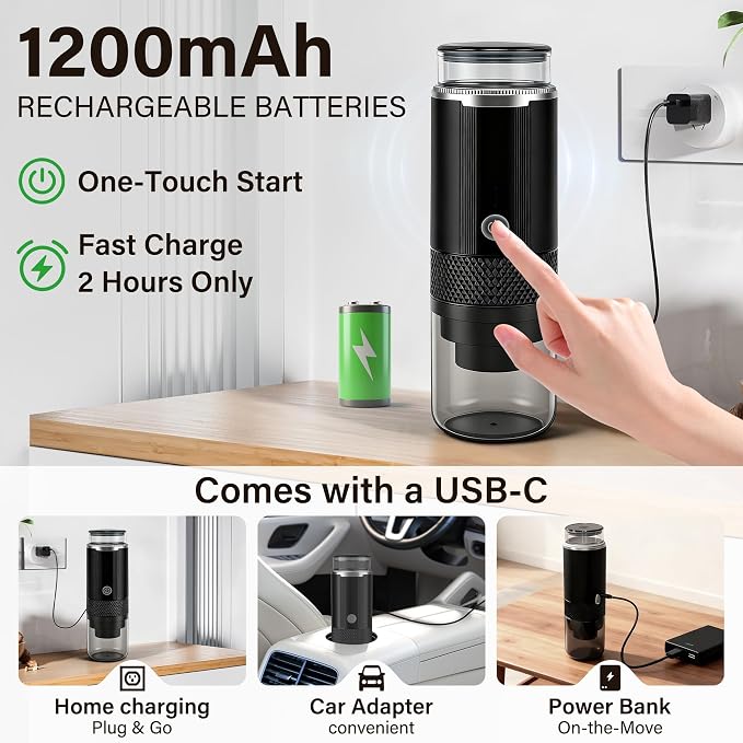 Portable Travel Coffee Maker, 3-in-1 Camping Coffee Machine with USB-C for Travel Car,Cordless Battery Powered,Rechargable,Compatible with Ground Coffee,Capsules,Tea, 6OZ Cup,Black,170ml