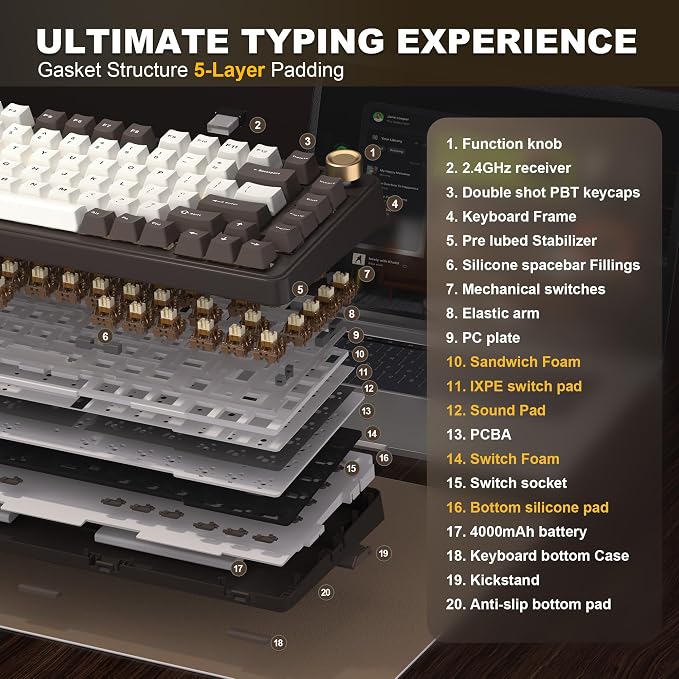YUNZII B75 PRO Wireless Mechanical Keyboard,75% Layout with Knob,Hot Swap Gasket Structure,Creamy Pre-lubed Switches,RGB Backlit,Bluetooth/Type-C/2.4G for Win/Mac (Coffee Brown, Cocoa Cream V2 Switch)