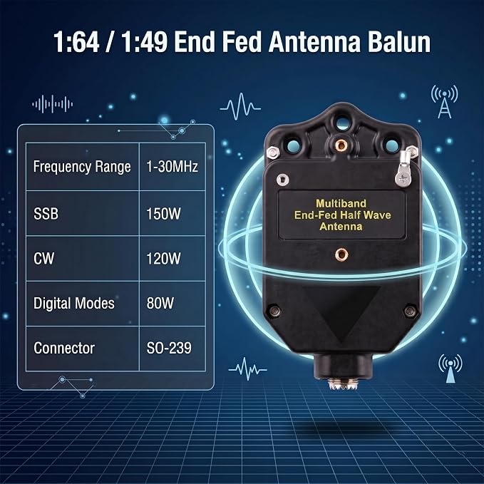 Upgraded 150W HF End Fed Antenna Balun, 1-30MHz CW FM AM FT4 FT8 SSB Multiband End Fed Half Wave Antenna Balun 4 Band 8 Band for Outdoor 1:64 1:49