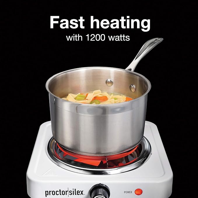 Proctor Silex Portable Electric Stove, Stainless Steel Single Burner Cooktop, Compact, Adjustable Temperature Hot Plate, 1200 Watts, White (34106)