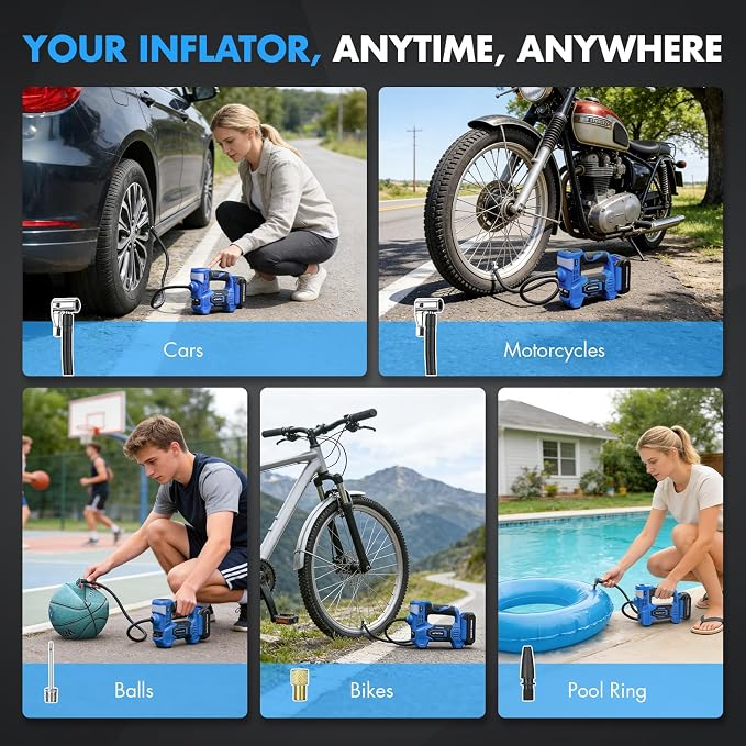 Tire Inflator Portable Air Compressor,20V Cordless Tire Inflator with 150PSI Max,4X Faster Portable Air Pump,Battery Powered Pump with Digital Pressure Gauge for Car Tires,Motorcycle,Bike,Balls