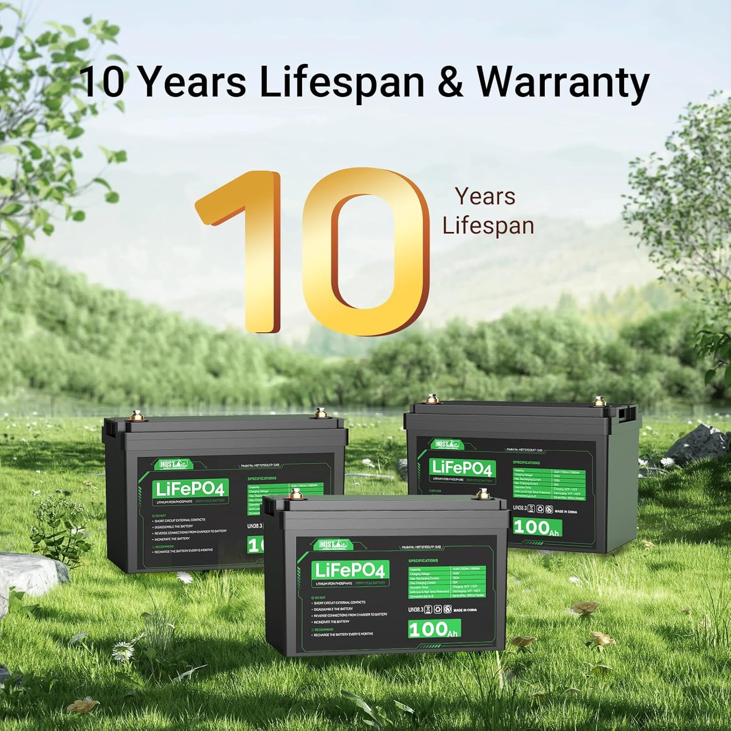 HQST LiFePO4 Battery 100ah Lithium Battery, 12V Lithium Iron Phosphate Battery Deep Cycle Marine Battery, 10 Year Lifetime with Low & High Temp Protection for RV, Trolling Motor, Boat-3 Pack