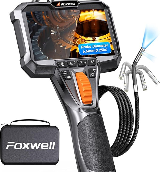 FOXWELL Dual Lens Articulating Borescope, 0.25in Slim 220° Two-Way Endoscope Camera with LED Light, IPS HD Screen, IP67 Waterproof Snake Camera for Automotive, Pipe, Wall & Engine Inspection – 5.3FT