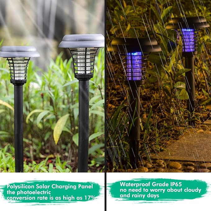 Solar Bug Zapper Outdoor, Rechargeable Mosquito Fly Zapper Lamp Repellent Outdoor Waterproof LED, Solar Powered Mosquito Killer Lamp for Indoor & Outdoor (2 Pack) (A1)
