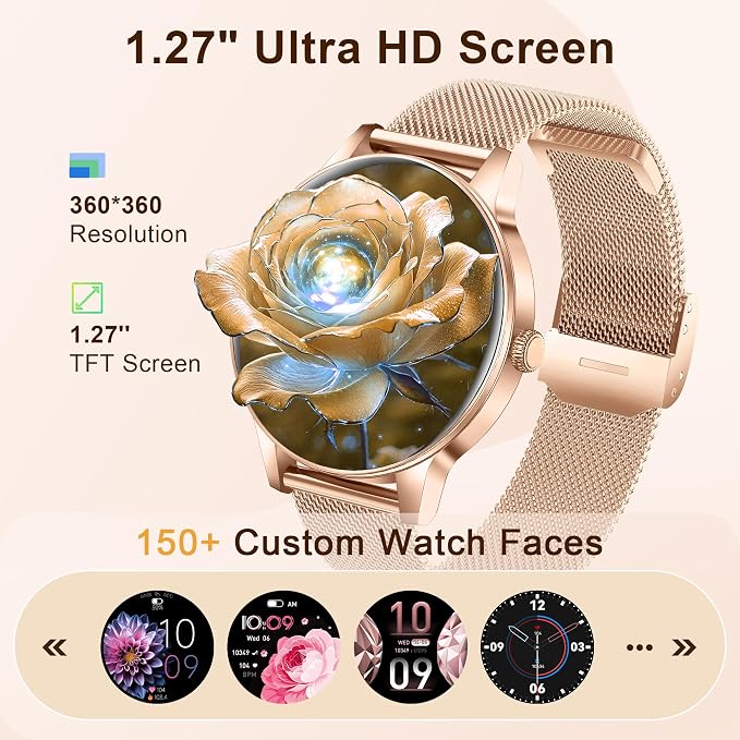 Smart Watches for Women, 1.27" HD Smart Watch for Android Phones & iPhones, Smartwatch Answer/Make Calls, Fitness Tracker with Heart Rate/Sleep/SpO2 Monitor, 110+ Sport Modes, 3 Bands (Rosegold)