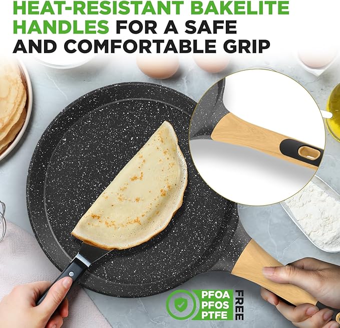 NutriChef 2-Pack Non-Stick Crepe Pan Set – 11” Marble Coated Dosa Pans with Wooden Spreaders, Bakelite and Wood Handles, Induction-Compatible, Easy-to-Clean, Stain-Resistant (Black Marble)