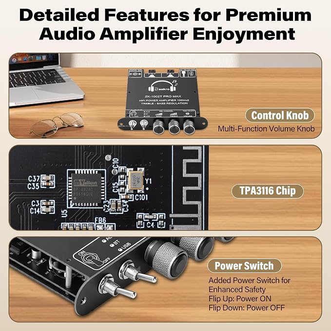 Daakro ZK-1002T PRO 2.0 Channel Bluetooth 5.3 Amplifier Board 200W HiFi Audio AMP with Treble and Bass, TWS,BT USB and AUX Inputs, DC 12-24V 2.0 Channel Stereo AMP Module for DIY Speakers