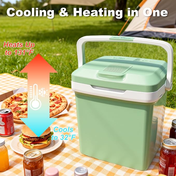 Iceblue Electric Cooler, 26 Liters/28 Cans Mini Fridge with Automatic Locking Handle, 120V AC Home Power Cord & 12V Car Adapter Car Refrigerator, Car Fridge for Home, Car, Gift (Green)