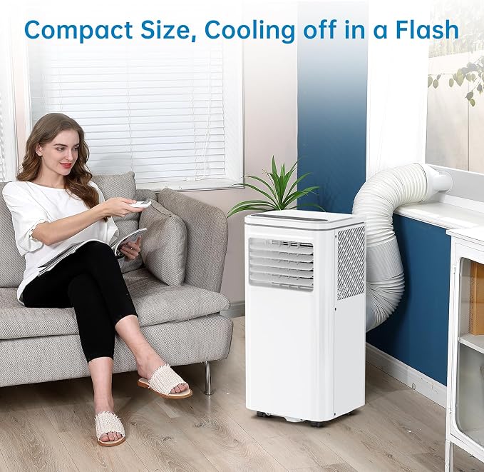 Portable Air Conditioner, 8000 BTUs 3-IN-1 Quiet AC Unit with Remote Control, Portable Air Conditioner Built-in Dehumidifier, Fan, Auto, Sleep Modes, Exhaust Hose & Window Kit, White