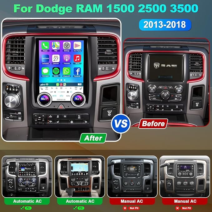 for Dodge Ram 1500/2500/3500 Auto AC Android 13 Car Radio 8-core, 10.4 Inch IPS Touch Screen Car Stereo with Wireless Carplay/Android Auto,GPS, WiFi, Bluetooth, FM, DVR