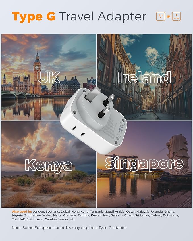 TESSAN UK Adapters for Travel 2 Pack, Type G US to UK Plug Adapter with 4 Outlets 3 USB Charger(1 USB C PD 20W), Power Adaptor for USA to Ireland Scotland Dubai Hong Kong England British Kenya London