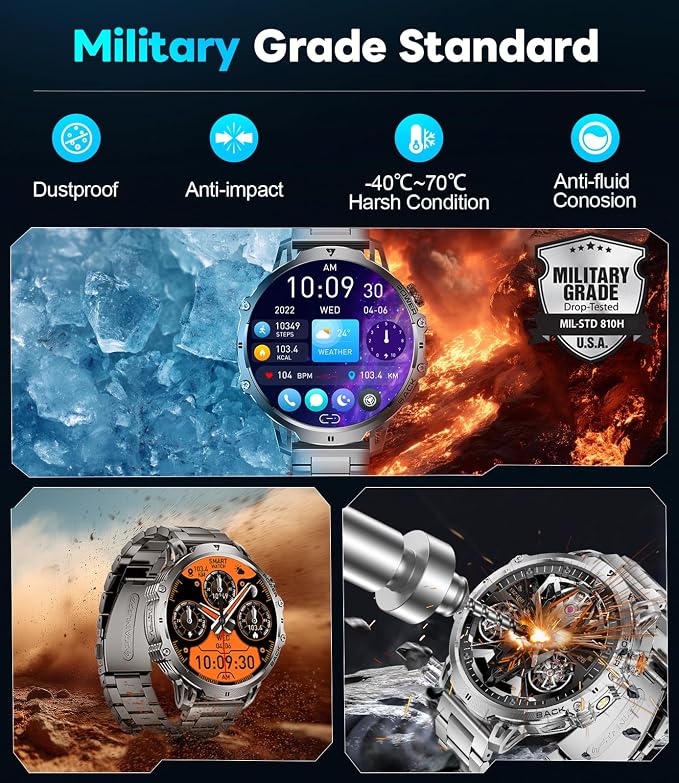 LIGE Military Smart Watches for Men(2 Bands),1000mAh/1.85" HD Large Screen Smartwatch, Flashlight/110+ Sports Modes/Sleep Monitor, Fitness Tracker Watch for Android iOS,Black