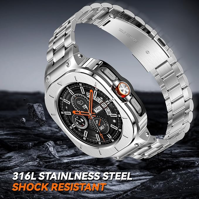 BAITEYOU Stainless Steel Bands with Case Compatible with Samsung Galaxy Watch Ultra 2/1 47mm (2025 2024), Rugged Protector Cover Metal Band for Galaxy Watch 7 8 Ultra for Men (Silver)