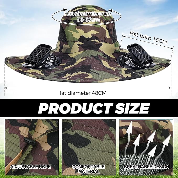 Shinymoon 2 Pcs Solar Fan Hat for Men Wide Brim Outdoor with 2 Solar Fan Summer Sun Protection Fishing Beach Bucket Hat USB Charging Breathable Waterproof for Camping Hiking Safari Gardening