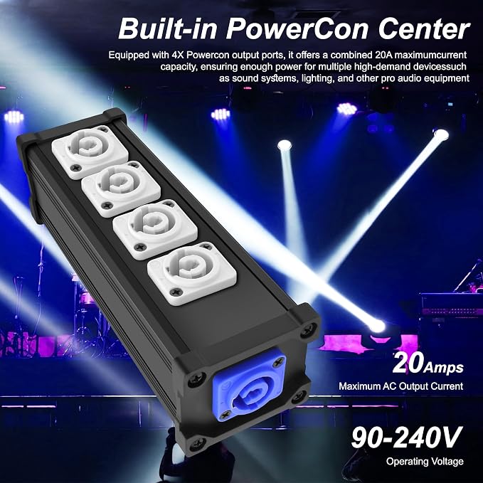 XMSJSIY PowerCon Input to Powercon Output Splitter 1 to 4 Power Distribution Box 4 Channel Multi 1 in 4 Way Out PowerCon Center for LED Screen Beam Moving Head Light, Stage Light Power and More