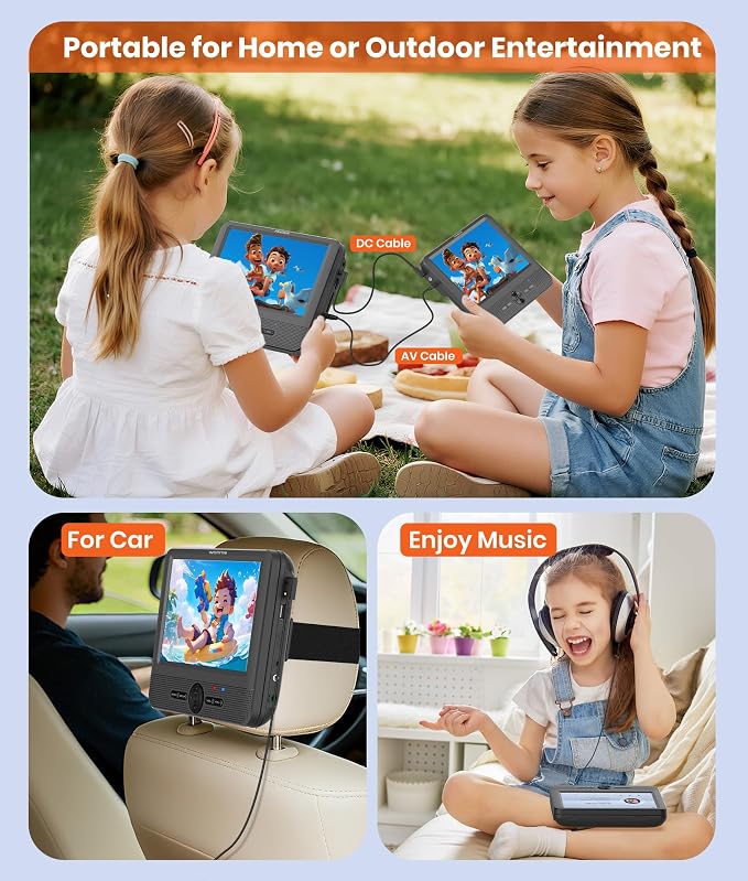 FANGOR 7.5 Inch Dual Car DVD Player, Portable Headrest Video Player for Car with 5 Hours Rechargeable Battery, Last Memory, AV Out/in, Support USB/SD/Sync TV, All Regions (1 Player+1 LCD Screen)