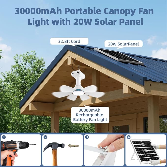 Solar Ceiling Fan Light with Remote, 30000mAh Portable solar lights outdoor with 20W Solar Powered Fan, 3 Speeds, solar fans with Light for Patios, Canopy, Shed, RV, Porch and Chicken Coop