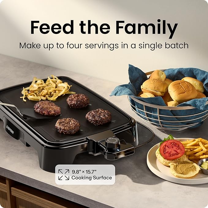 Chefman Electric Griddle with Removable Temperature Control, Immersible Flat Top Grill, Burger, Eggs, Pancake Griddle, Nonstick Easy Clean Cooking Surface, Slide Out Drip Tray, 10 x 16 Inch
