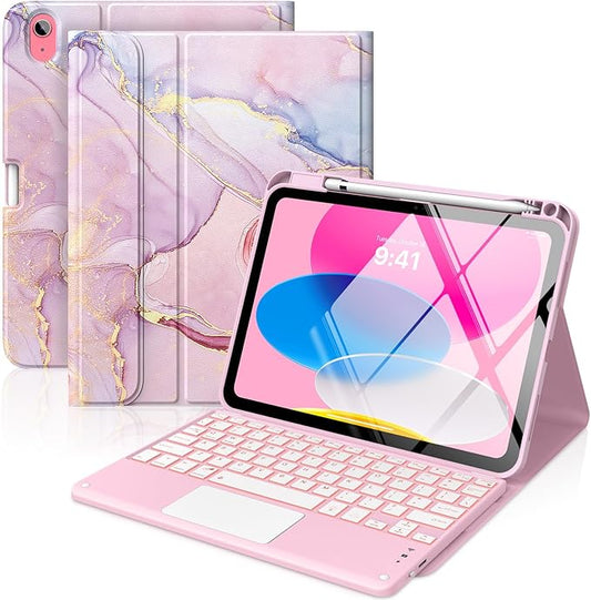 MoKo Touch Keyboard Case for iPad (A16) 11th Generation 11 inch 2025, iPad 10th Generation 10.9 inch Case with Pencil Holder, 7 Colors Backlit Multi-TrackPad Detachable Bluetooth Keyboard, Pink Marble