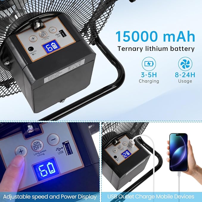 GOESWELL Solar Powered Fan for Outdoor:12inch Floor Solar Fan with USB Rechargeable Battrey Portable Metal Blades 360° Tilt Timer for Camping Pool Pavilion Lake Chicken Coop Travel Greenhouse Dog
