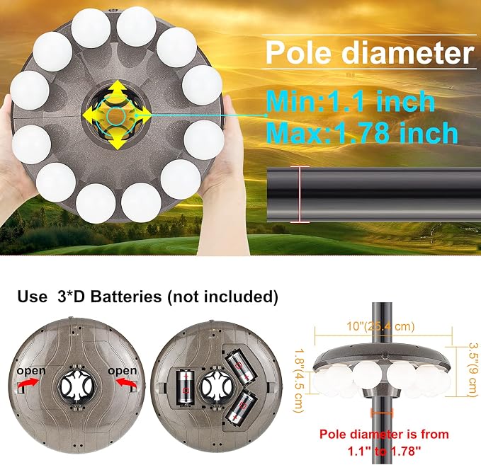Patio Umbrella Light, 3xD Battery Operated Umbrella Pole Light with Remote 80Ft Through Wall, 12 Bulb 60 LEDs, 4 Modes, 12 Color Changing Outdoor Camping Light with Hanging Ring for Umbrella